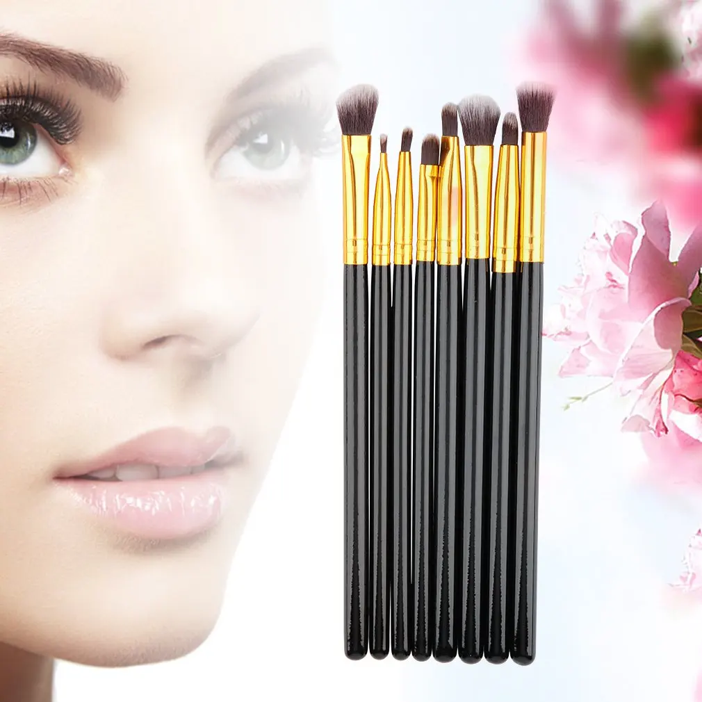 

8pcs Professional Makeup Brush Blend Shadow Angled Eyeliner Smoked Bloom Eye Part Brushes Set Black and Golden