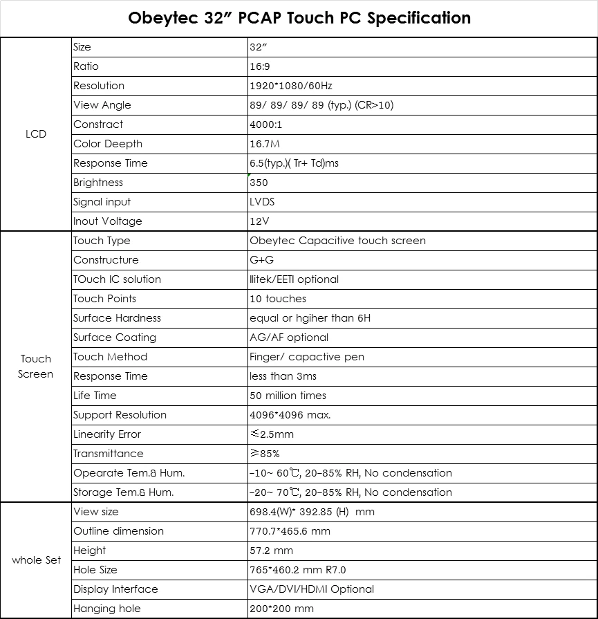 ТВ монитор, 32 дюйма FHD 1920*1080, 350cd/m2, открытая рамка ЖК-монитор, PCAP touch, OB-OPM-320