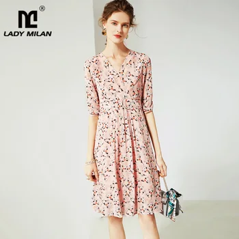 

100% Silk Women's Dresses Sexy V Neck Short Sleeves Floral Printed Ruched Fashion Casual Quality Dresses