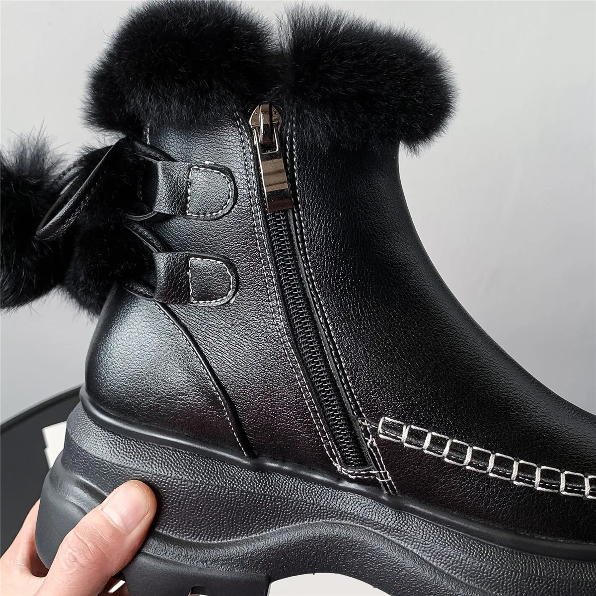 Women's genuine leather platform flats ankle boots warm plush winter cold weather waterproof Non-slip snow boots shoes for women