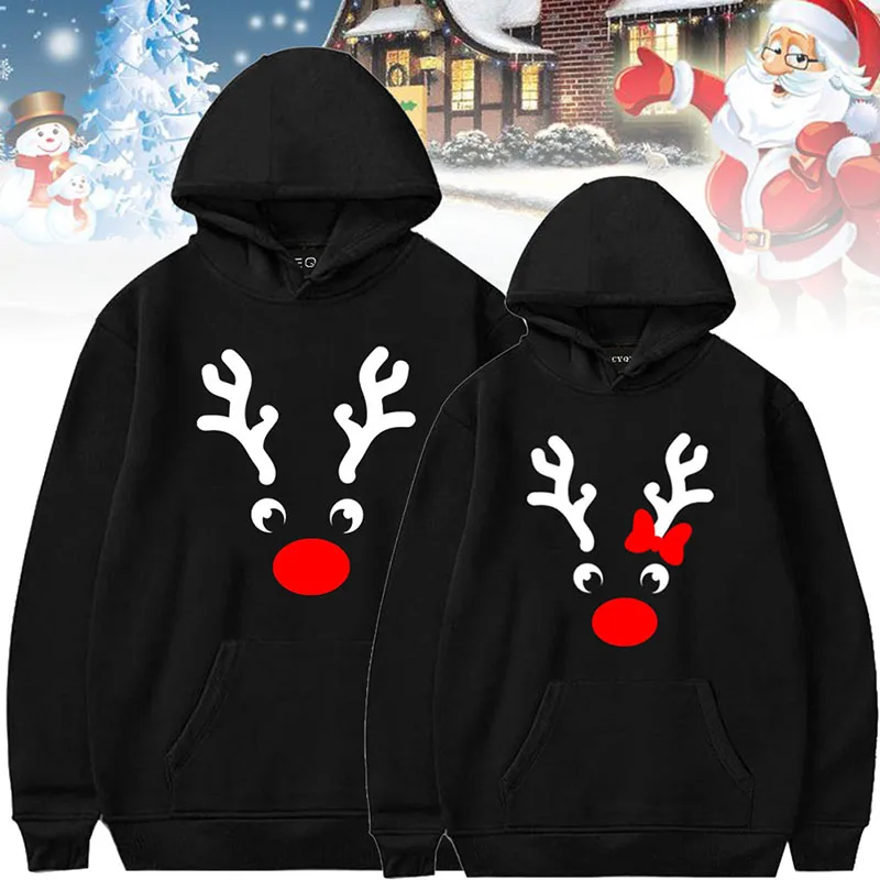 Рождественские Парные толстовки, пуловер с длинным рукавом, Женский Рождественский свитер с принтом рога, мужские зимние толстовки с капюшоном