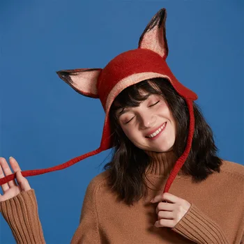 

Handmade custom wet felt fox children's hat Cute fox ear beret Sen autumn autumn and winter ear warm art hat Handmade custom new