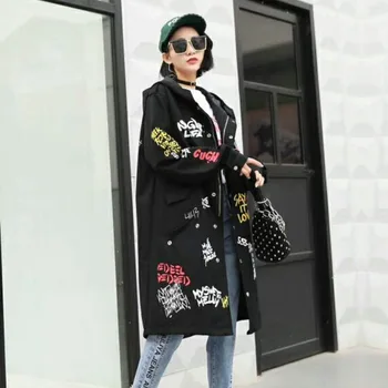 

Black Trench For Women Tide Long Print Streetwear Hoodie Casual Female Wide Loose Coat 2019 Long Trench Coat Plus Size Outwear