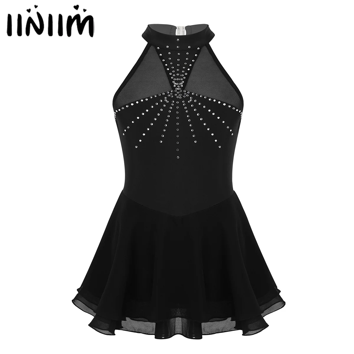 

New Kids Girls Sleeveless Halter Sparkly Rhinestone Mesh Splice Figure Skating Dress Ice Ballet Dance Gymnastics Leotard Dress