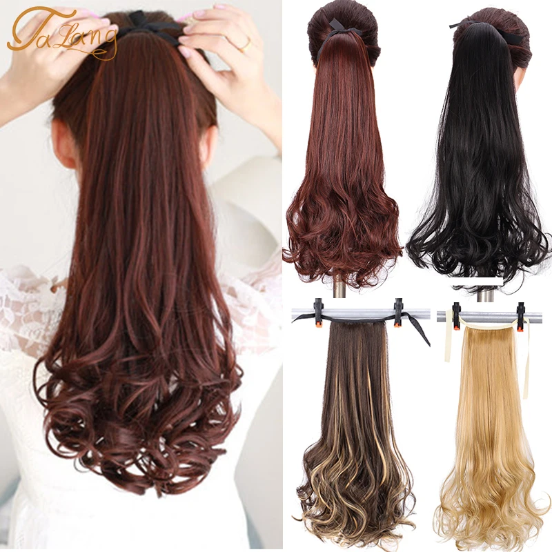 

TALANG Synthetic Long Wavy Ponytail Ribbon Drawstring Wrap Around Hair Tail Extension Natural Fake Hairpieces for Women