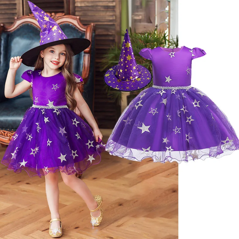 

2019 New Fantasy Witch Dress With Hat 2PCS Children Halloween Cosplay Party For Girls Witch stage Dresses Costume Kids Clothing