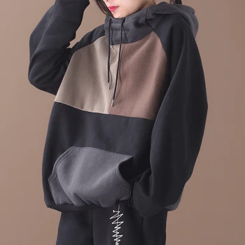 

[EWQ] 2020 Autumn Winter New Pattern Hooded Collar Long Sleeve Hit Colors Patchwork Pullvoers Vintage Sweatshirt Women AK08901