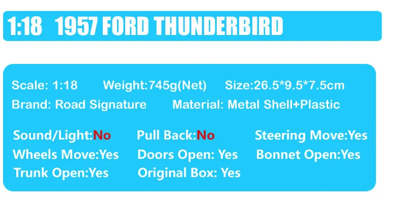 1/18 дорожные фирменные большие весы 1957 Ford Thunderbird винтажные Diecasts& Vehicles автомобили T-игрушка в виде птицы эскизы для мальчиков подарок