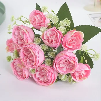 

European Fake Rose Peony Flower Small bouquets Home Decor,Artificial Wedding Flowers Hydrangea Pompom Light Color Faux Flowers
