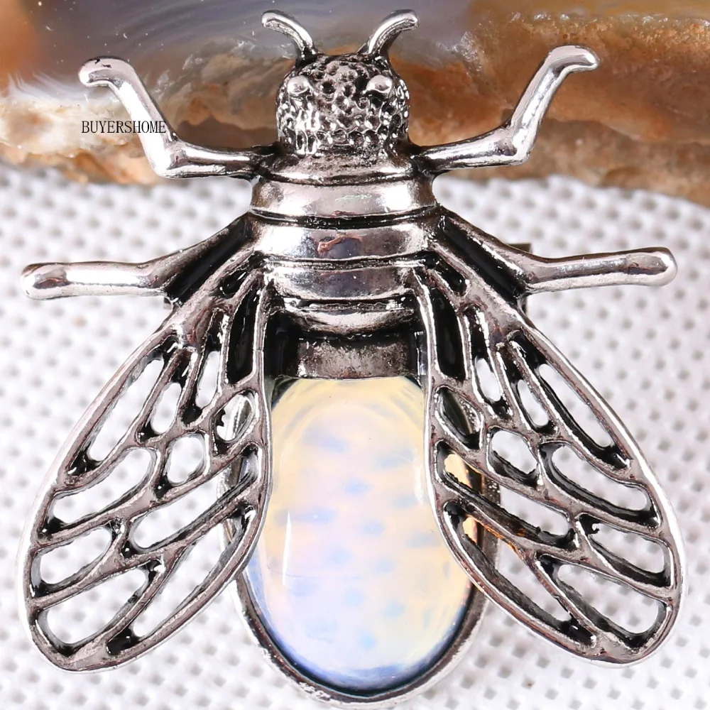 1Pcs Silver Cicada Brooch Natural Stone Pendant Howlite Rhodonite Carnelian Onyx Bead for Men Women DIY Jewelry Making