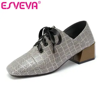 

ESVEVA 2020 Women Shoes Square Med Heel PU+Leather Lace Up Woman Square Toe Shoes Winter Autumn Spring Size 34-42