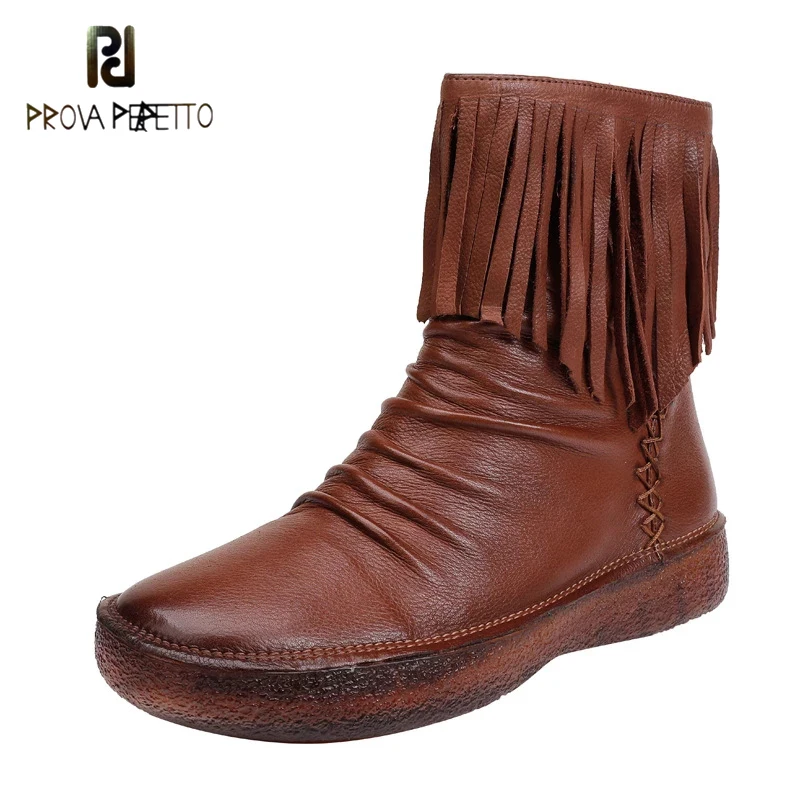 

Cowhide Fringed Short Boots Autumn and Winter New Retro Handmade Solid Color Round Head Side Zipper Soft Bottom Knight Boots