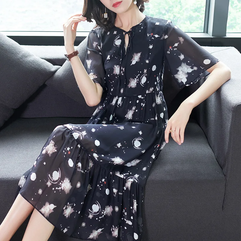 

black chiffon starsky floral silk dresses women 2020 summer long casual office work beach party dress plus size dropship