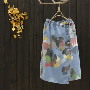 

Summer Korean Vintage Cotton Denim Skirt Women Plus Size Print Elastic Waist Loose Casual Streetwear A-Line Midi Jeans Skirts