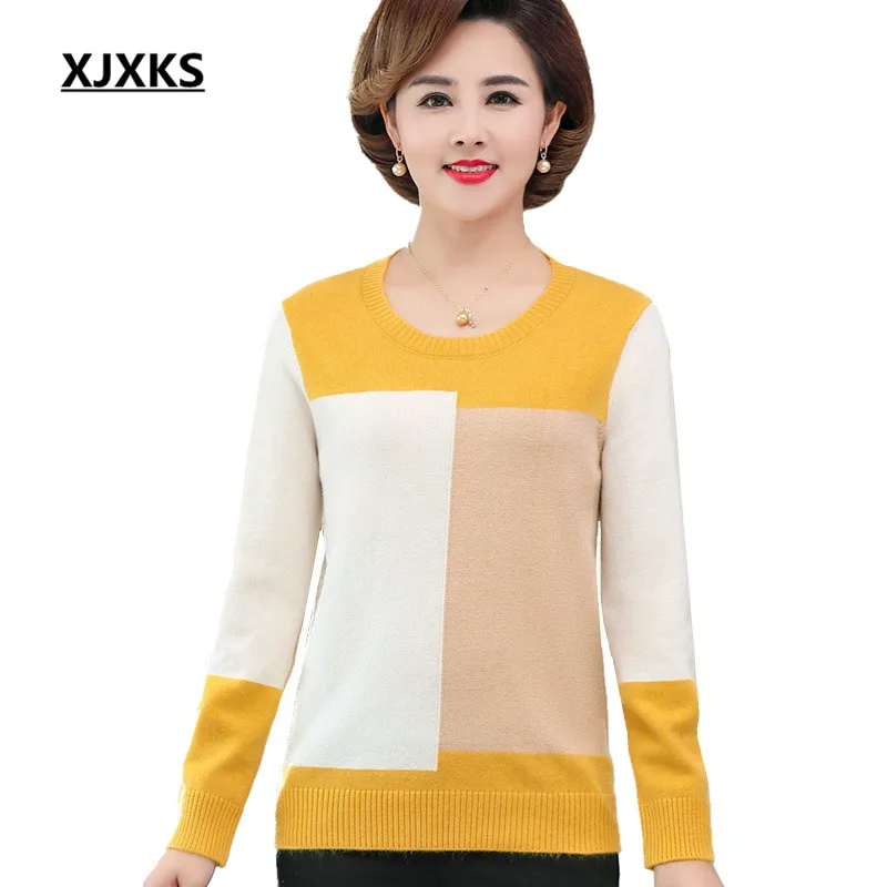 

XJXKS Women cashmere sweater 2019 autumn winter new geometric pattern loose plus size comfortable knitted sweater women pullover