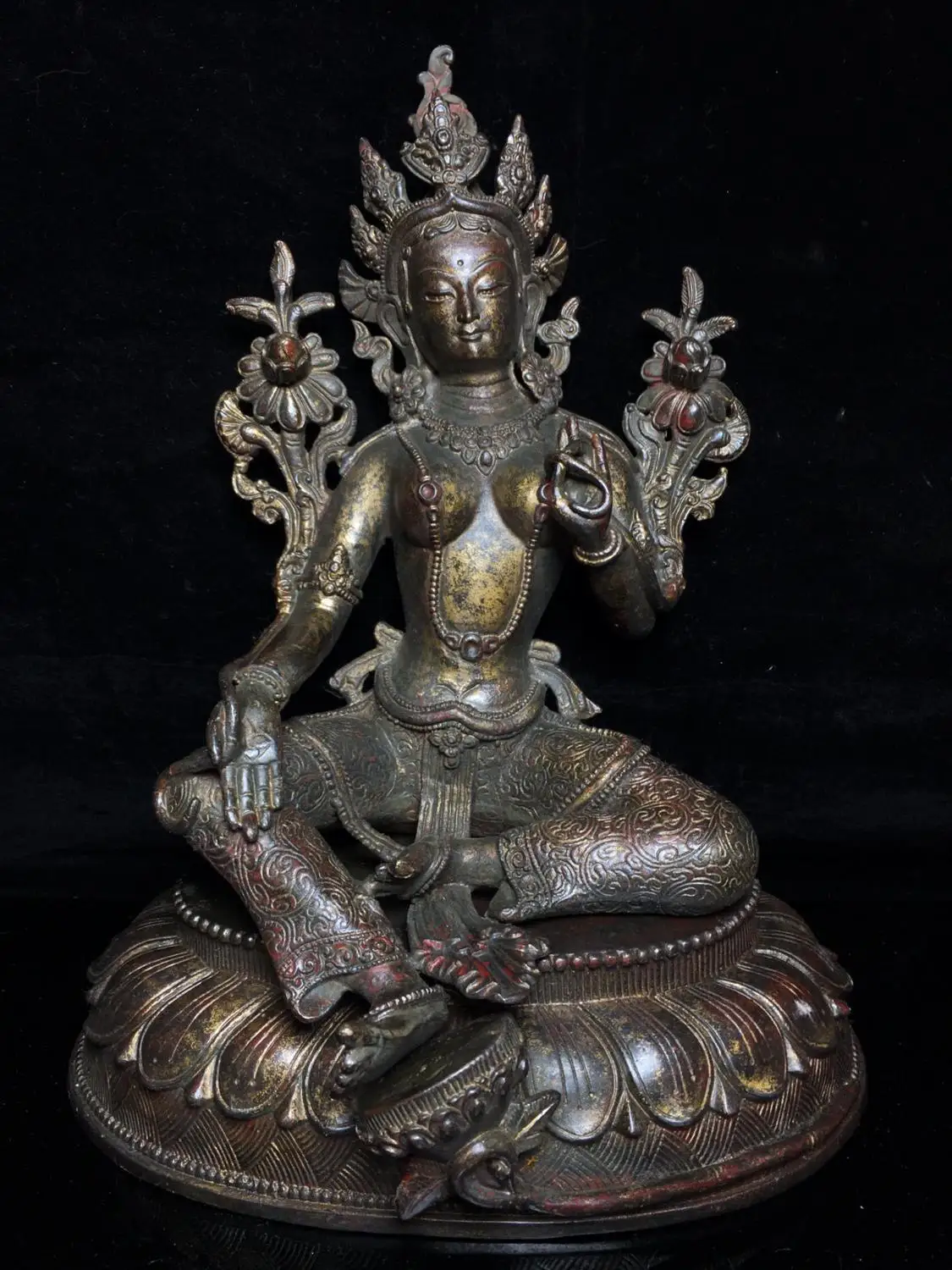 

Home Decor 10" Tibet Buddhism Temple Old Bronze Cinnabars Green Tara Buddha Statue Bodhisattva Tara(Green) Enshrine the Buddha