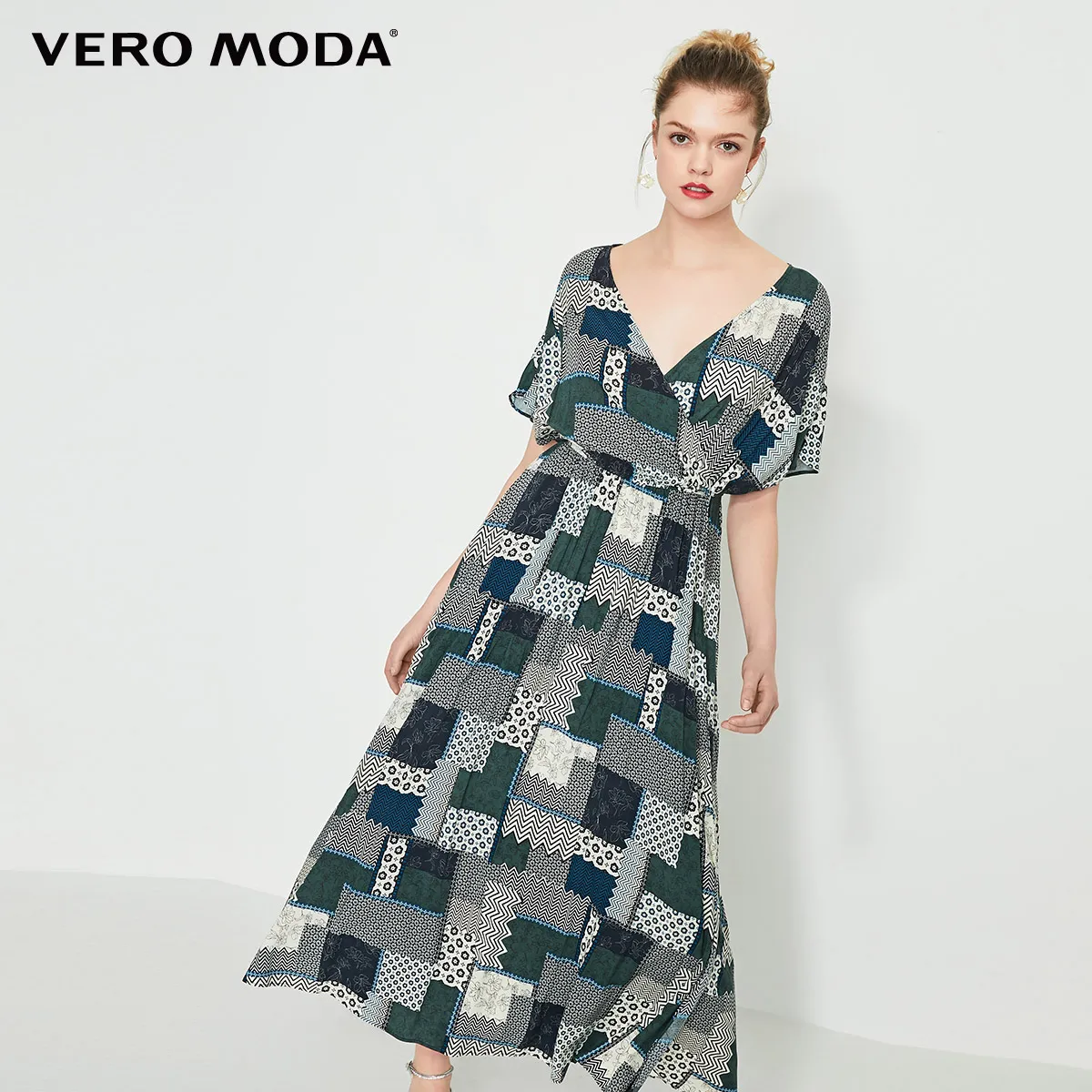 Vero Moda женское платье в национальном стиле с принтом и кружевными рукавами | 31926Z559 - Цвет: E39 Midnight blue
