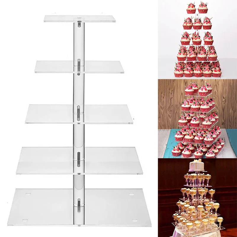 

5 Tiers Clear Acrylic Square Cake Fruit Stand Wedding Birthday Cake Display