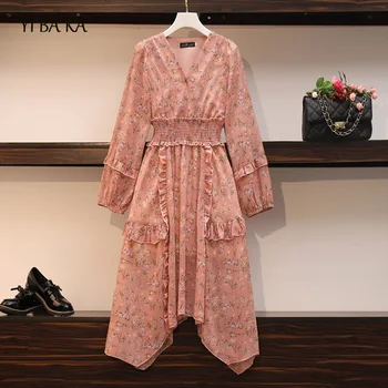 

plus size 4XL women dress 2020 elegant casual floral print autumn chiffon A line dress v neck slim mid calf female vestidos
