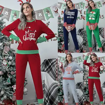 

2020 Women Long Sleeve Blouse Pants Letters Stripes Christmas Pajamas Sleepwear Set Women's Clothing пижама женская