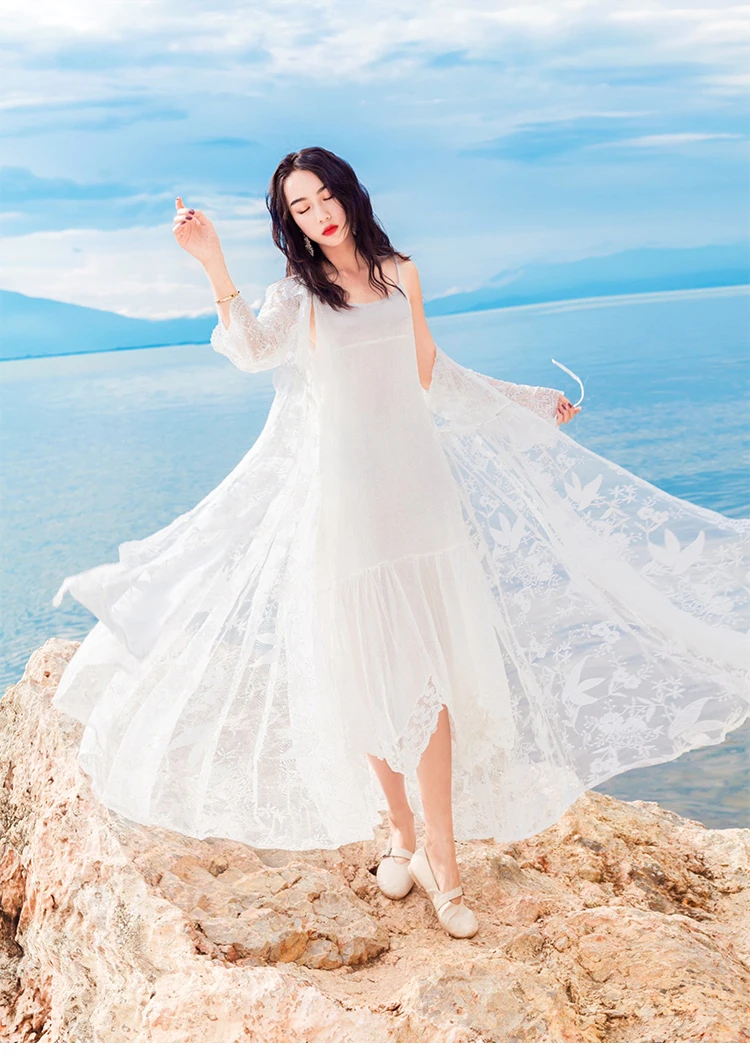 Летнее платье в Корейском стиле; Новое поступление; vestidos; ; кружевное платье с вышивкой в виде кленового листа; свободный пояс; жакет+ кружевное платье на бретельках; Fema