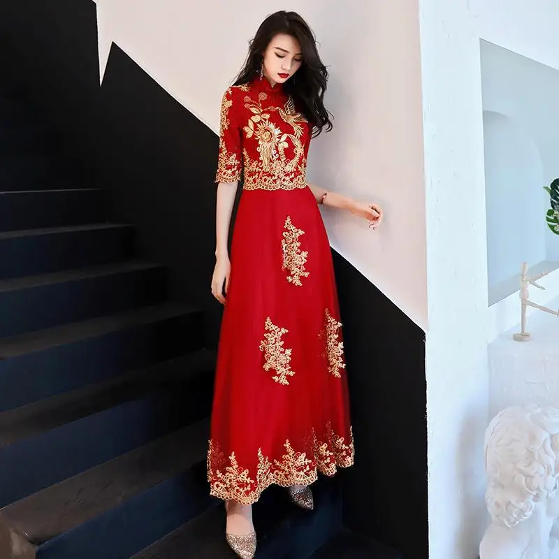 XS-XXL женские тонкие вечерние платье красного цвета в китайском стиле вечернее Ципао с расклешенными рукавами брак платье с воротником «Мандарин» для свадьбы Cheongsam Qipao Vestido - Цвет: Red - D