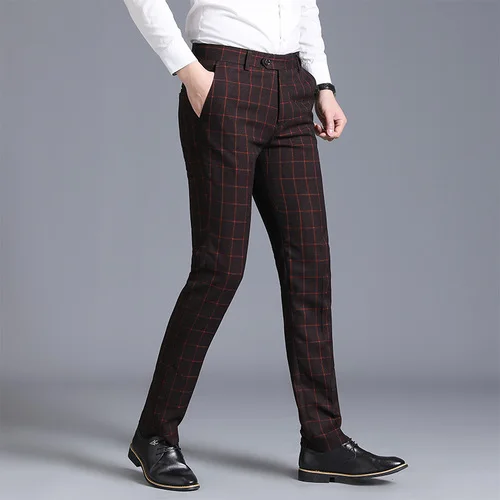 Бренд деловые штаны Для мужчин для бизнес на каждый день Slim Fit Длинные брюки высокое качество в английском стиле; классические клетчатые офисный костюм со штанами на свадьбу - Цвет: Wine Red Suit Pants