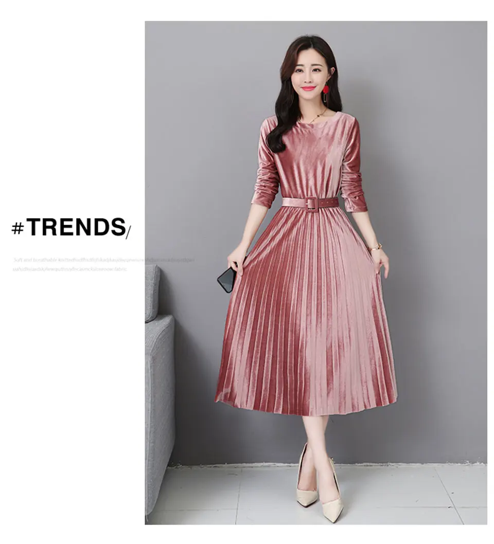 Retro Elegant Dress Women Autumn Winter Pink Velvet Dress Female Solid O-Neck Party Pleated Dress Vestidos with belt