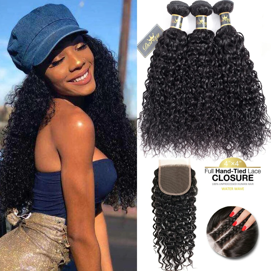 Глубокая кудрявая пучка с закрытием бразильские человеческие волосы пучки
