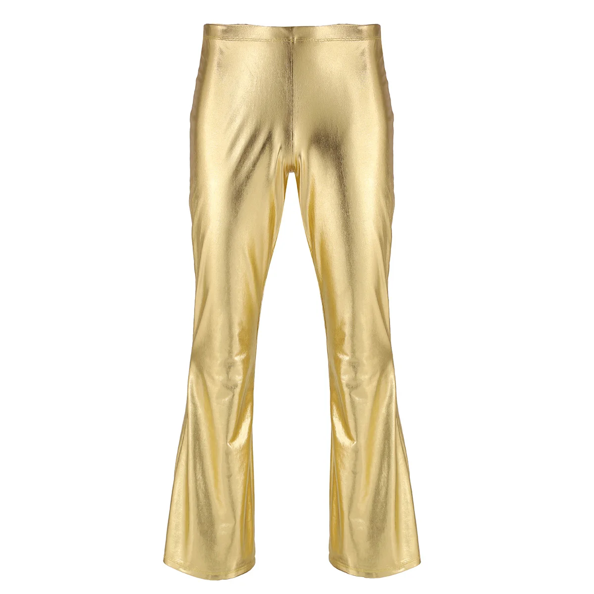 

Adult Mens Moto Punk Clubwear Party Pants Shiny Metallic Disco Pants with Bell Bottom Flared Long Pants Dude Costume Trousers