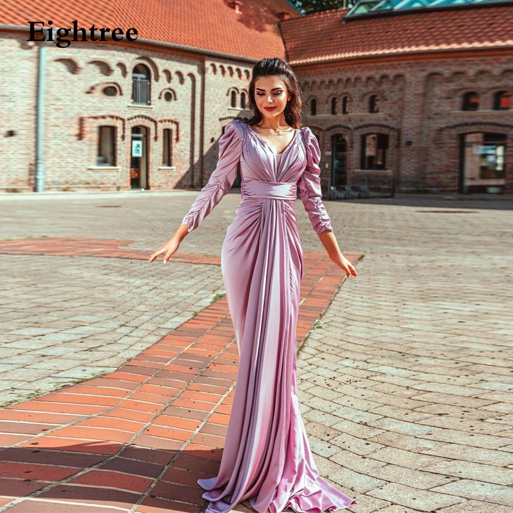 Eightree 2021 New Pink Long Prom Dresses Long Sleeves Floor Length Evening Dress V Neck Formal Party Gowns Vestidos de festa mermaid prom dresses