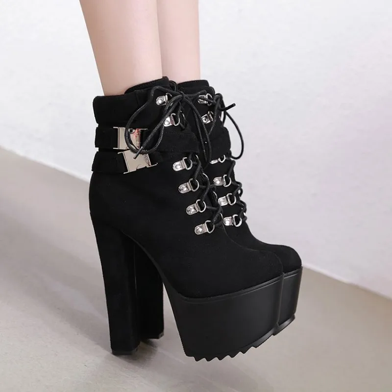 

16CM Womens Platform Lace Up Ankle Boots Block Super High Heel Belt Buckle Retro Punk Nightclub Sexy Shoes Black A1592