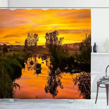 

Shower Curtain Set with Hooks 66x72 River Beautiful Sunset Nature Colour Water Dawn Reflection Scenic Rural Parks Outdoor Design
