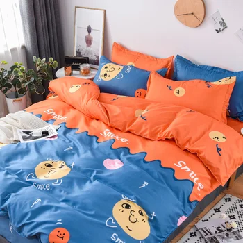 

Cartoon smile face duvet cover bedding set bedclothes 3/4pcs boy girl bed linen set blue orange stitching bedclothes