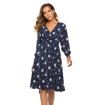

Autumn Women V Neck Full Sleeve Chiffon Dress Ladies Elegant Slim Floral Printed Knee-length Casual Dress New 2020 Ropa Mujer
