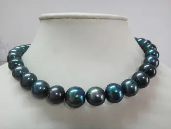 

HUGE 18"12-14mm natural south sea genuine black peacock blue round pearl necklace