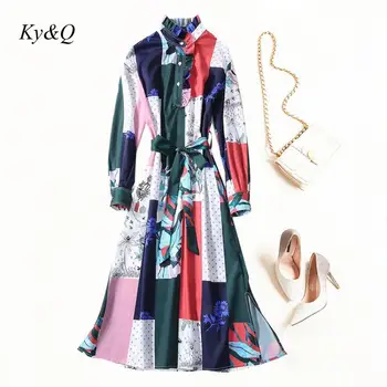 

Runway Brand Design Luxury Women Party Dress 2020 Summer Retro Color Patchwork Stand Neck Female Long Sleeve Lace Up Long Dress