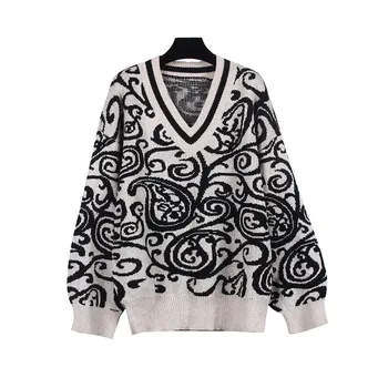 

Vintage V-Neck Sweater women's spring and autumn 2020 new loose Pullover college style national style knitwear top