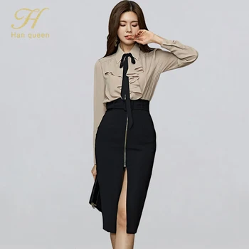 

H Han Queen Women 2019 Autmn New Korean Stye 2-piece Set Bow Full Sleeve Shirts Tops And High Waist Zipped Pencil Bodycon Skirts