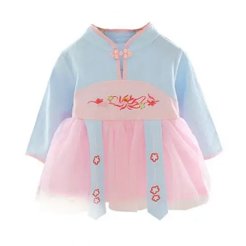 WFZ17 Lovely Baby Clothes,Newborn Baby Girl Chinese Classic Floral Long Sleeve Tulle Dress Princess Top Blue 0-6M
