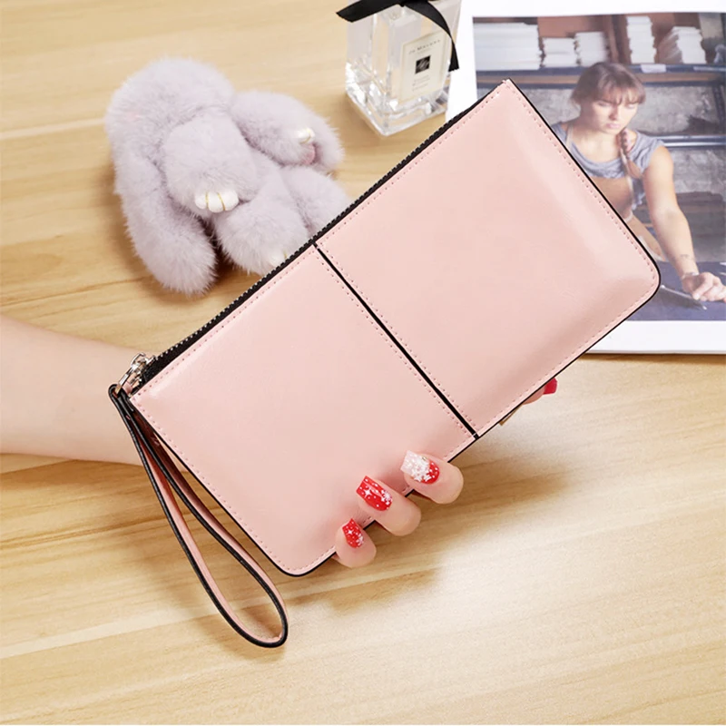 

Oil Wax Leather Women Wallet Lady Long Sequin Clip Wallets Square Zipper Casual Clutch Solid Color Simple Womens Coin Purse 2019