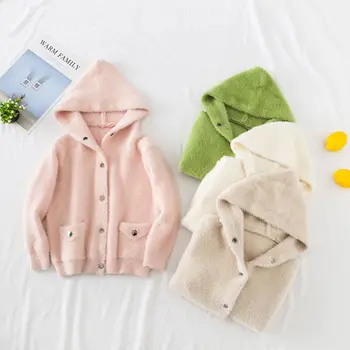 

2020 Spring Autumn Kids Hooded Solid Girls Sweater Baby Princess Mink Velvet Knit Cardigan Coat Clothes Children Clothing W396