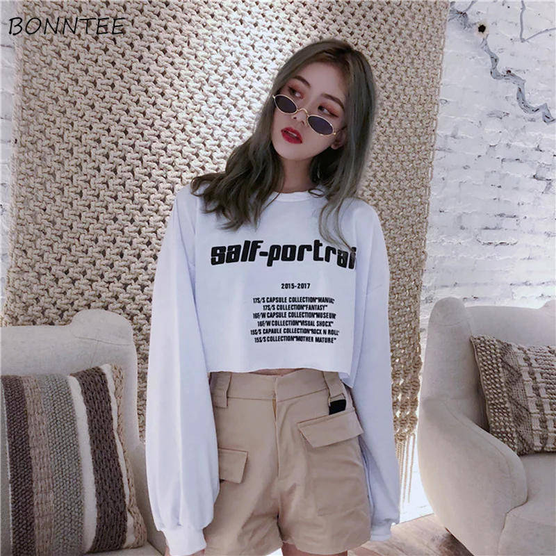  Hoodies Women Cotton Short Elegant Sweet Chic Letter Printed Sweatshirt Lady Korean Loose All-match