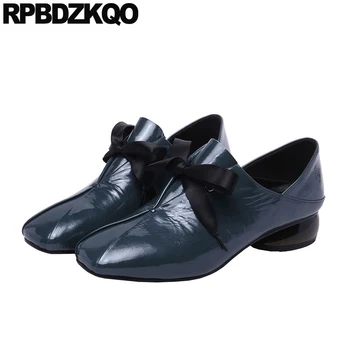 

women cute patent leather square toe blue chunky thick footwear chic 2019 pumps japanese block kawaii bow ladies low heels shoes