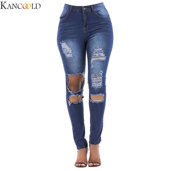 

KANCOOLD Plus size Fashion Womens Button Ripped Zipper Pocket Trousers Jeans Casual Denim Pants High Waist washed Jeans