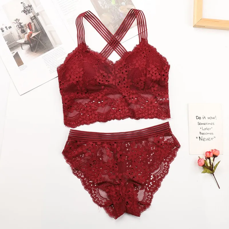  Women Lace Gathered Bra Set Breathable Wrapped Chest Bras Panties Two-piece Set