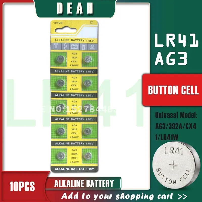 DEAH 10 Uds 1,55 V AG3 LR41 célula alcalina de la batería, SR41 392 192 AG 3 L736 384 SR41SW CX41 pilas de botón para relojes de juguete LED