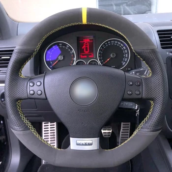 

Black Natural Leather Black Suede Yellow Marker Car Steering Wheel Cover for Volkswagen Golf 5 Mk5 GTI VW Golf 5 R32 Passat R GT