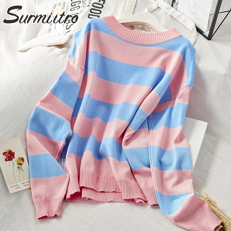 

Surmiitro Striped Knitted Sweater Women For Autumn Winter 2019 Ladies Korean Long Sleeve Jumper Pink Red Blue Pullover Female