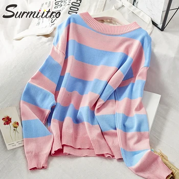 

Surmiitro Striped Knitted Sweater Women For Autumn Winter 2020 Ladies Korean Long Sleeve Jumper Pink Red Blue Pullover Female